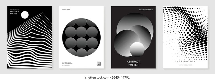 Abstract monochrome poster background vector set. Modern cover template with black and white perspective geometric prism shape, halftone dot, line. Ideal design for social media, banner, ads.