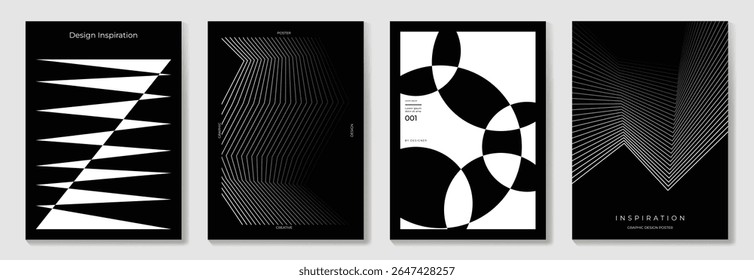 Abstract monochrome poster background vector set. Modern cover template with black and white perspective geometric prism shape, line. Ideal design for social media, banner, ads.