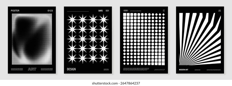 Abstract monochrome poster background vector set. Modern cover template with black and white perspective geometric prism shape, line, dot halftone. Ideal design for social media, banner, ads.