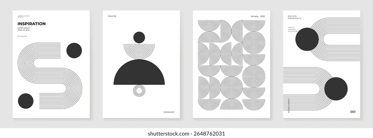 Conjunto de Vector de fondo de póster monocromático Abstractas. Plantilla de cubierta moderna con perspectiva en blanco y negro, forma de prisma geométrico, línea. Diseño ideal para redes sociales, Anuncio, anuncios.