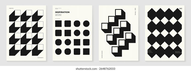 Abstrakter monochromer Poster-Hintergrund, Vektorsatz. Moderne Cover-Schablone mit schwarz-weißem perspektivischem geometrischem Prisma. Ideales Design für Social Media, Banner, Anzeigen.