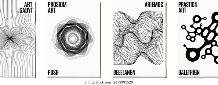 Abstract monochrome poster background vector set. Modern cover template with black and white perspective geometric prism shape, halftone dot, line. Ideal design for social media