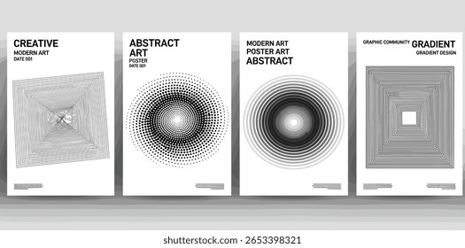 Abstract monochrome poster background vector set. Modern cover template with black and white perspective geometric prism shape,