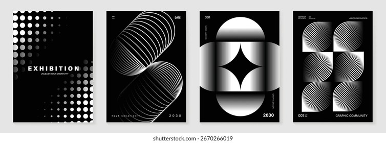 Abstrakter monochromer Poster-Hintergrund, Vektorsatz. Moderne Cover-Vorlage mit schwarz-weißem perspektivischen geometrischen Prismenform, Linie, Punkt-Halbton. Ideales Design für Social Media, Banner, Anzeigen.