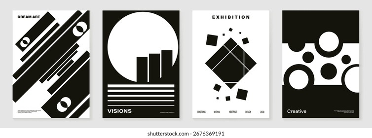 Abstract monochrome poster background vector set. Modern cover template with black and white perspective geometric prism shape, line. Ideal design for social media, banner, ads.