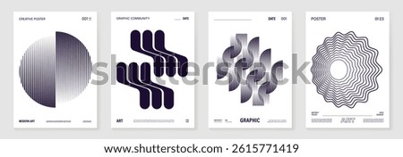 Abstract monochrome poster background vector set. Modern cover template with black and white perspective geometric prism shape, halftone dot, line. Ideal design for social media, banner, ads.