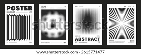 Abstract monochrome poster background vector set. Modern cover template with black and white perspective geometric prism shape, halftone dot, line. Ideal design for social media, banner, ads.