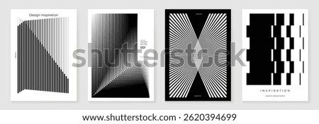 Abstract monochrome poster background vector set. Modern cover template with black and white perspective geometric prism shape, halftone dot, line. Ideal design for social media, banner, ads.