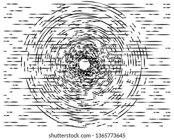 Abstract monochrome psychedelic square background with circular swirl, helix or vortex. Backdrop with round optical illusion or radial twist. Modern illustration in black and white colors.