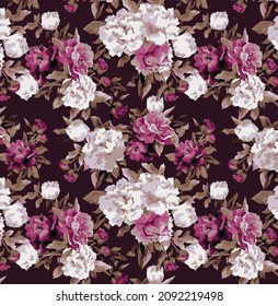 Abstract Monochrome Purple And White Flowers With A Solid Background Illustration Textile All Over Designs Vector Digital Image, Can Be Used For Gift Paper And Wallpaper