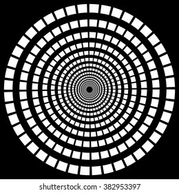 Abstract monochrome radial, burst element. Concentric, circular shape isolated.