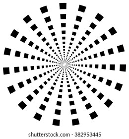 Abstract monochrome radial, burst element. Concentric, circular shape isolated.