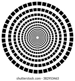 Abstract monochrome radial, burst element. Concentric, circular shape isolated.