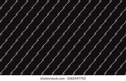 abstraktes einfarbiges wiederholbares weißes diagonales kurzes dünnes Linienmuster auf dunklem Hintergrund.