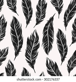 Patrón sin fisuras en monocromo abstracto con símbolos de plumas negras en el fondo blanco
