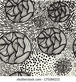 Abstract monochrome seamless pattern with circles, lines, waves and dots