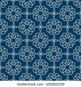 Abstract monochrome seamless pattern with elegant curved lines of connected repeating structure on blue background vector illustration