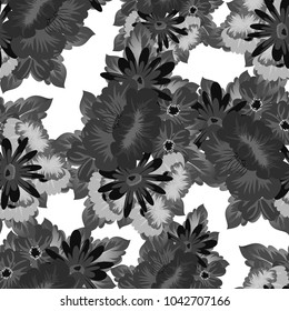 Abstract monochrome seamless pattern of flowers. For design greeting cards, postcards, birthday invitations, wedding, party. Vector illustration.