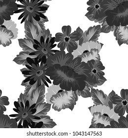 Abstract monochrome seamless pattern of flowers. For design greeting cards, postcards, birthday invitations, wedding, party. Vector illustration.