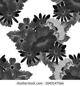Abstract monochrome seamless pattern of flowers. For design greeting cards, postcards, birthday invitations, wedding, party. Vector illustration.