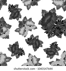 Abstract monochrome seamless pattern of flowers. For design greeting cards, postcards, birthday invitations, wedding, party. Vector illustration.