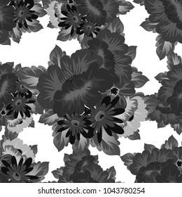 Abstract monochrome seamless pattern of flowers. For design greeting cards, postcards, birthday invitations, wedding, party. Vector illustration.