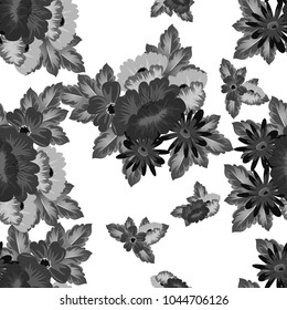 Abstract monochrome seamless pattern of flowers. For design greeting cards, postcards, birthday invitations, wedding, party. Vector illustration.