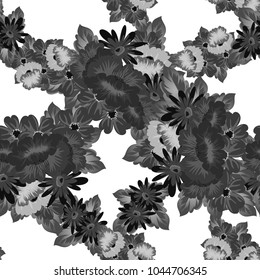 Abstract monochrome seamless pattern of flowers. For design greeting cards, postcards, birthday invitations, wedding, party. Vector illustration.