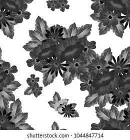 Abstract monochrome seamless pattern of flowers. For design greeting cards, postcards, birthday invitations, wedding, party. Vector illustration.