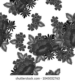 Abstract monochrome seamless pattern of flowers. For design greeting cards, postcards, birthday invitations, wedding, party. Vector illustration.