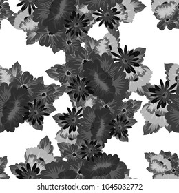Abstract monochrome seamless pattern of flowers. For design greeting cards, postcards, birthday invitations, wedding, party. Vector illustration.