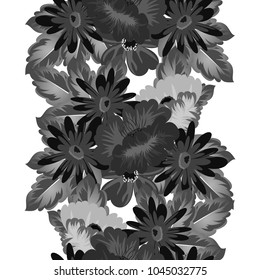 Abstract monochrome seamless pattern of flowers. For design greeting cards, postcards, birthday invitations, wedding, party. Vector illustration.