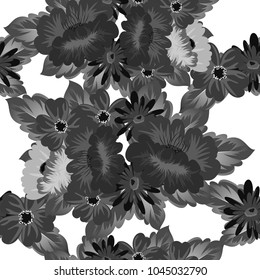 Abstract monochrome seamless pattern of flowers. For design greeting cards, postcards, birthday invitations, wedding, party. Vector illustration.