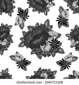 Abstract monochrome seamless pattern of flowers. For design greeting cards, postcards, birthday invitations, wedding, party. Vector illustration.