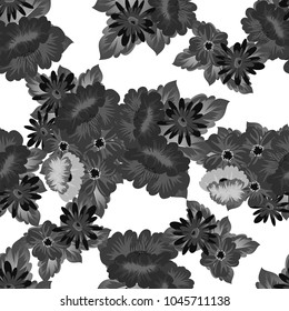 Abstract monochrome seamless pattern of flowers. For design greeting cards, postcards, birthday invitations, wedding, party. Vector illustration.