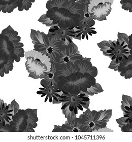 Abstract monochrome seamless pattern of flowers. For design greeting cards, postcards, birthday invitations, wedding, party. Vector illustration.