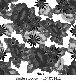 Abstract monochrome seamless pattern of flowers. For design greeting cards, postcards, birthday invitations, wedding, party. Vector illustration.