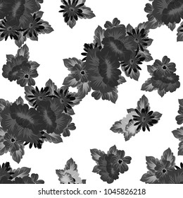 Abstract monochrome seamless pattern of flowers. For design greeting cards, postcards, birthday invitations, wedding, party. Vector illustration.