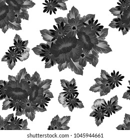 Abstract monochrome seamless pattern of flowers. For design greeting cards, postcards, birthday invitations, wedding, party. Vector illustration.