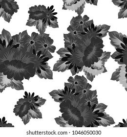 Abstract monochrome seamless pattern of flowers. For design greeting cards, postcards, birthday invitations, wedding, party. Vector illustration.