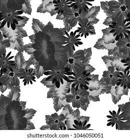 Abstract monochrome seamless pattern of flowers. For design greeting cards, postcards, birthday invitations, wedding, party. Vector illustration.