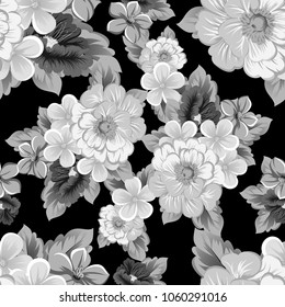 abstract monochrome seamless pattern of flowers on black background. For your fabric, garment design. Invitations and greeting cards for birthday, Valentine's day, wedding, party. Vector illustration.