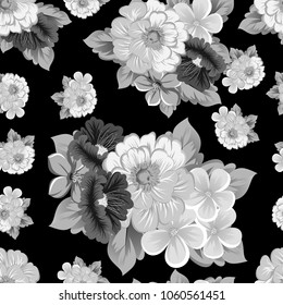 abstract monochrome seamless pattern of flowers on black background. For your fabric, garment design. Invitations and greeting cards for birthday, Valentine's day, wedding, party. Vector illustration.