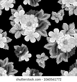 abstract monochrome seamless pattern of flowers on black background. For your fabric, garment design. Invitations and greeting cards for birthday, Valentine's day, wedding, party. Vector illustration.