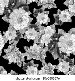 abstract monochrome seamless pattern of flowers on black background. For your fabric, garment design. Invitations and greeting cards for birthday, Valentine's day, wedding, party. Vector illustration.