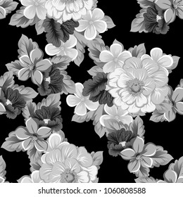 abstract monochrome seamless pattern of flowers on black background. For your fabric, garment design. Invitations and greeting cards for birthday, Valentine's day, wedding, party. Vector illustration.