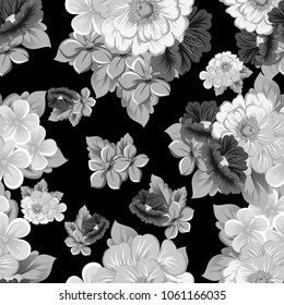 abstract monochrome seamless pattern of flowers on black background. For your fabric, garment design. Invitations and greeting cards for birthday, Valentine's day, wedding, party. Vector illustration.