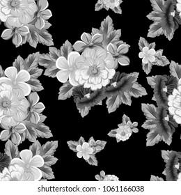 abstract monochrome seamless pattern of flowers on black background. For your fabric, garment design. Invitations and greeting cards for birthday, Valentine's day, wedding, party. Vector illustration.