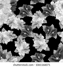 abstract monochrome seamless pattern of flowers on black background. For your fabric, garment design. Invitations and greeting cards for birthday, Valentine's day, wedding, party. Vector illustration.