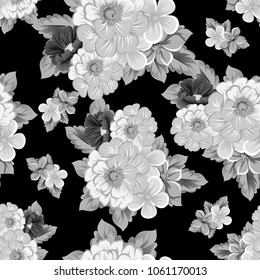 abstract monochrome seamless pattern of flowers on black background. For your fabric, garment design. Invitations and greeting cards for birthday, Valentine's day, wedding, party. Vector illustration.